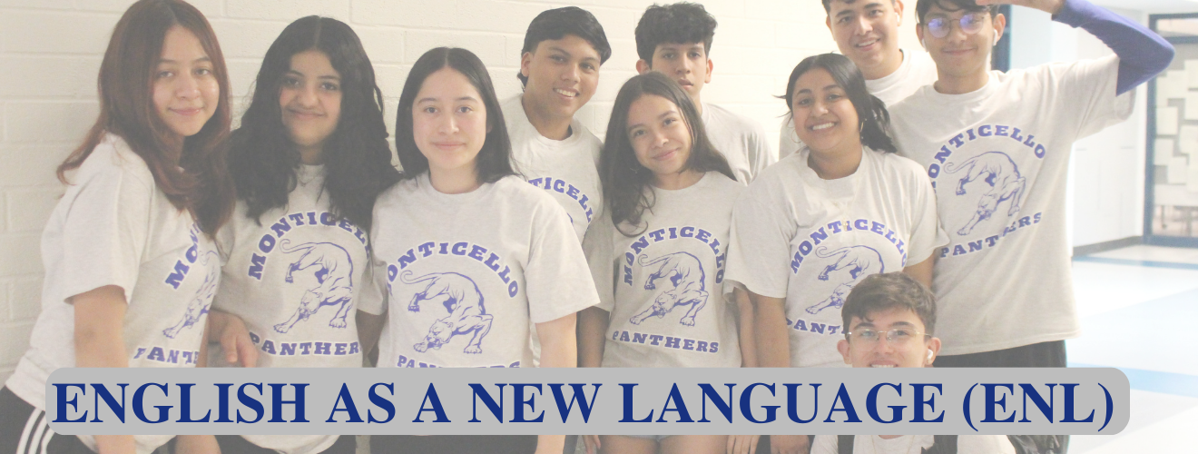 A group of students are posing. Text reads English as a New Language