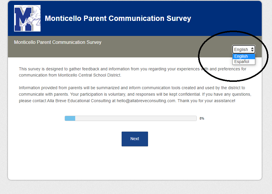 Screenshot of communication survey showing toggle button to switch from english to spanish 
