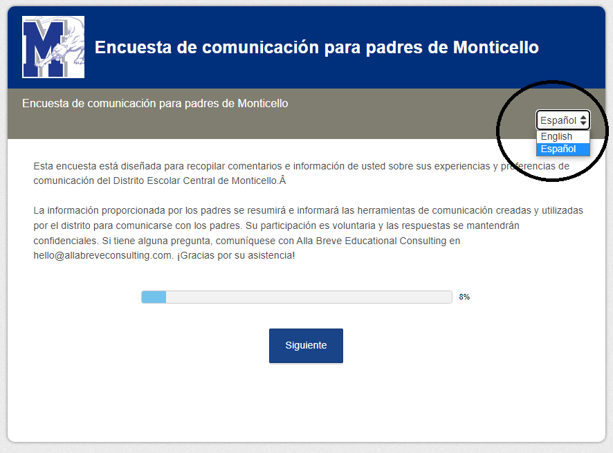 Screenshot of the communication survey in Spanish with the toggle button circled. 
