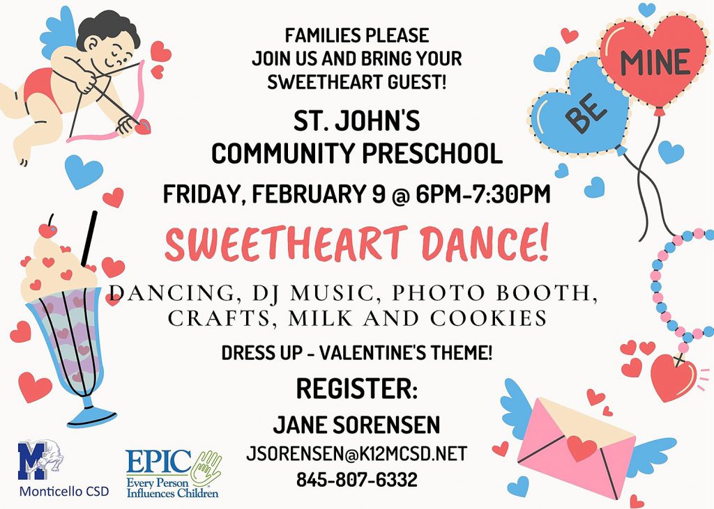 St. John's Community Preschool Sweetheart Dance. Friday, February 9 at 6pm - 7:00pm.