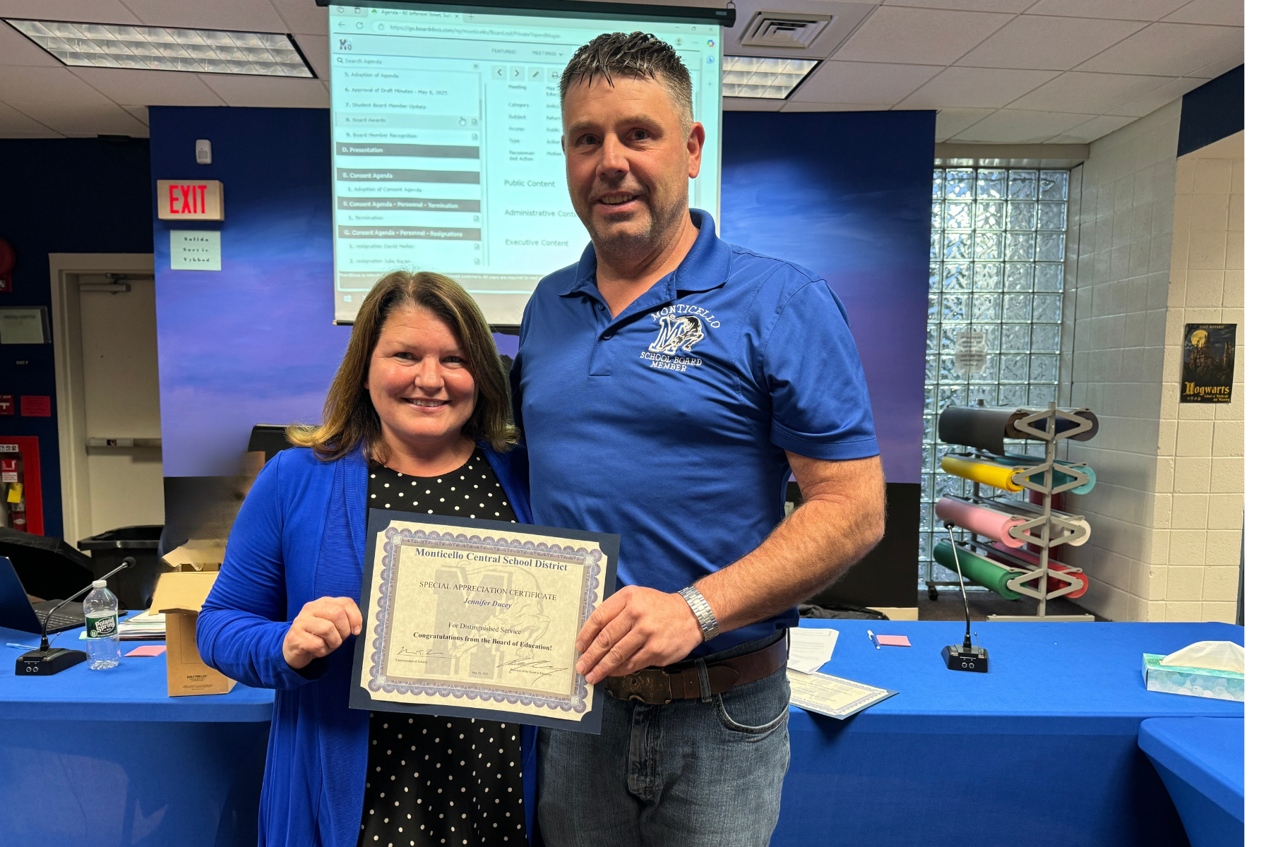 Jennifer Ducey poses with Board of Education President Tim Crumbly