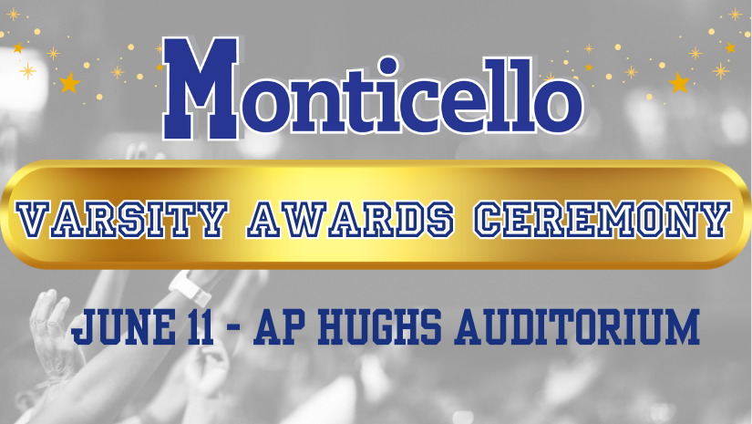 gold banner with text reading Varsity Awards Ceremony June 11 AP Hughs Auditorium
