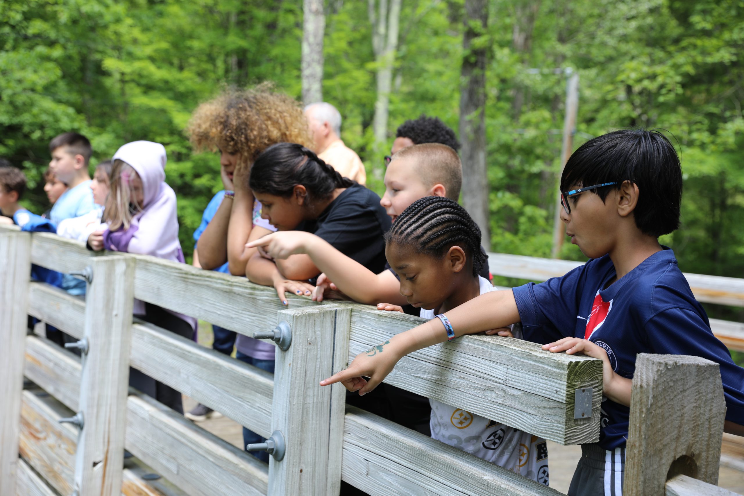students are leaning over a bridge, pointing at the water below