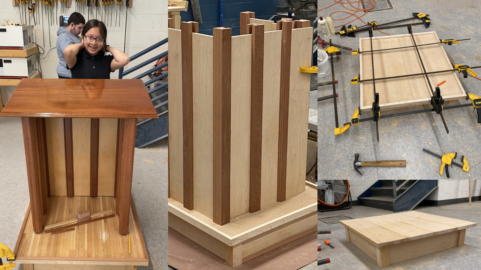 a collage showing the progression of the construction of the lectern