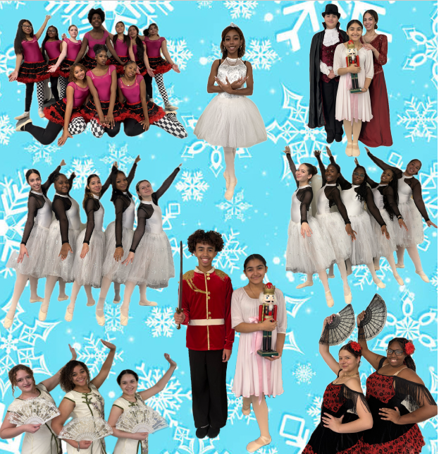 collage of dancers on a snowflake background 
