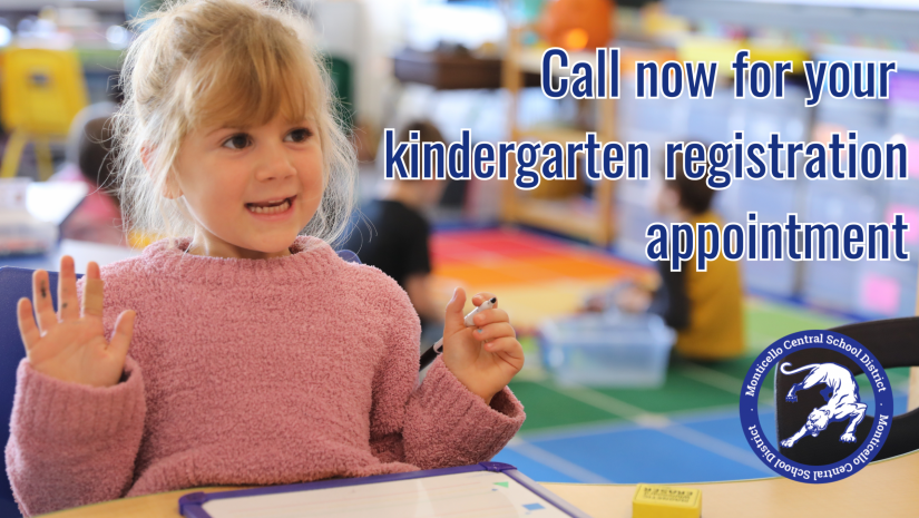 a kindergarten student is smiling and looking up as she plays. Text reads Call now for your kindergarten registration appointment
