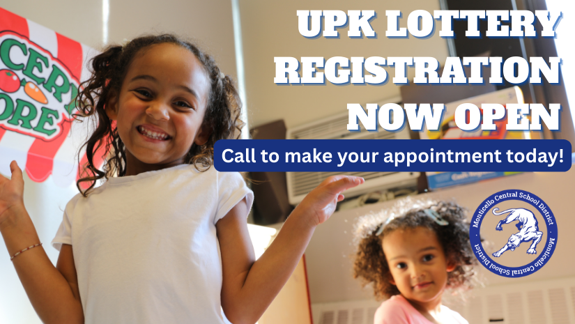 two preschool aged children are playing. Text reads UPK lottery registration now open call to make your appointment today