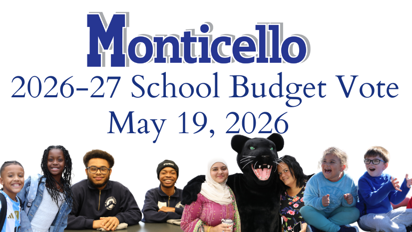 a collage of students and staff with text Monticello 2026-27 school budget vote May 19 2026