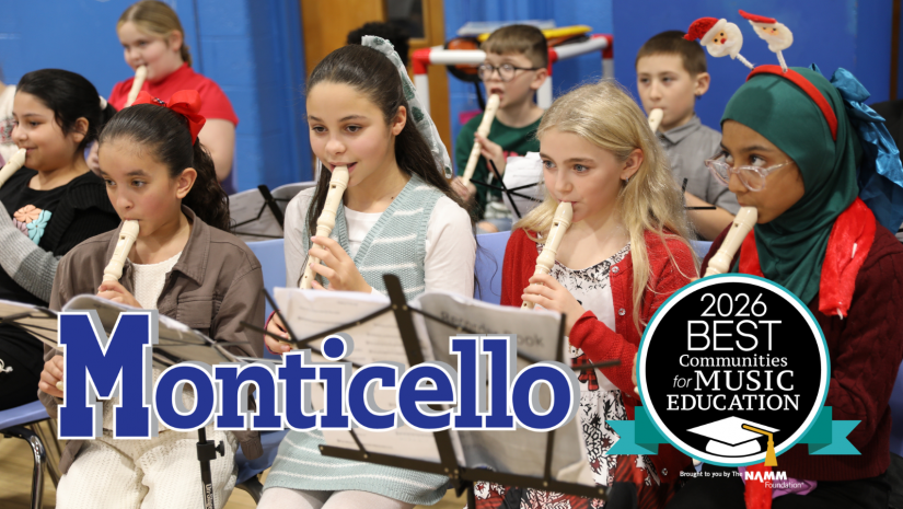Image of students playing recorder during a concert. Logo of Best community for Music Education award.
