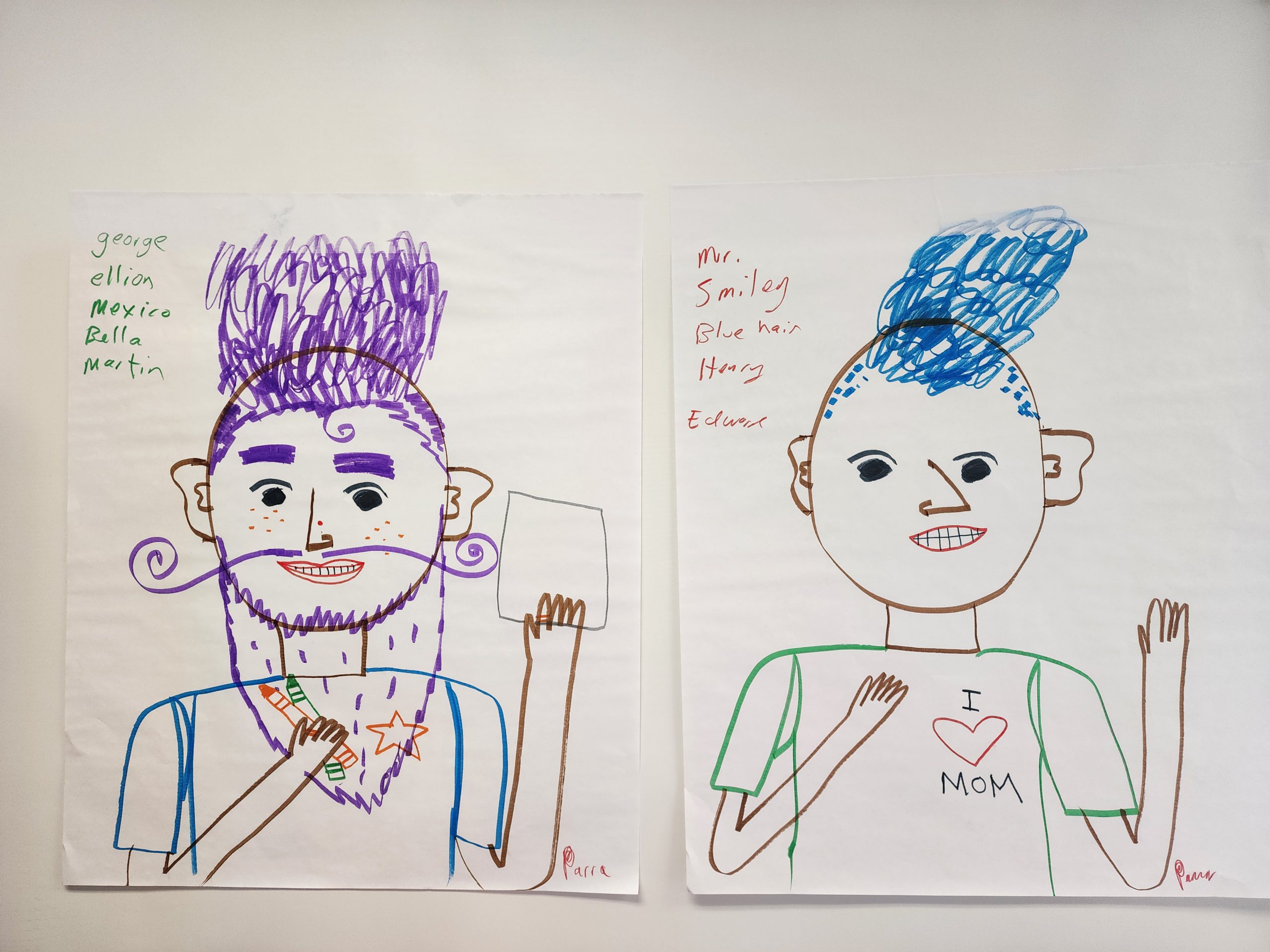 photo of the artwork created collaboratively between students and Mr. Parra. It is two illustrated figures with mohawl hairstyles