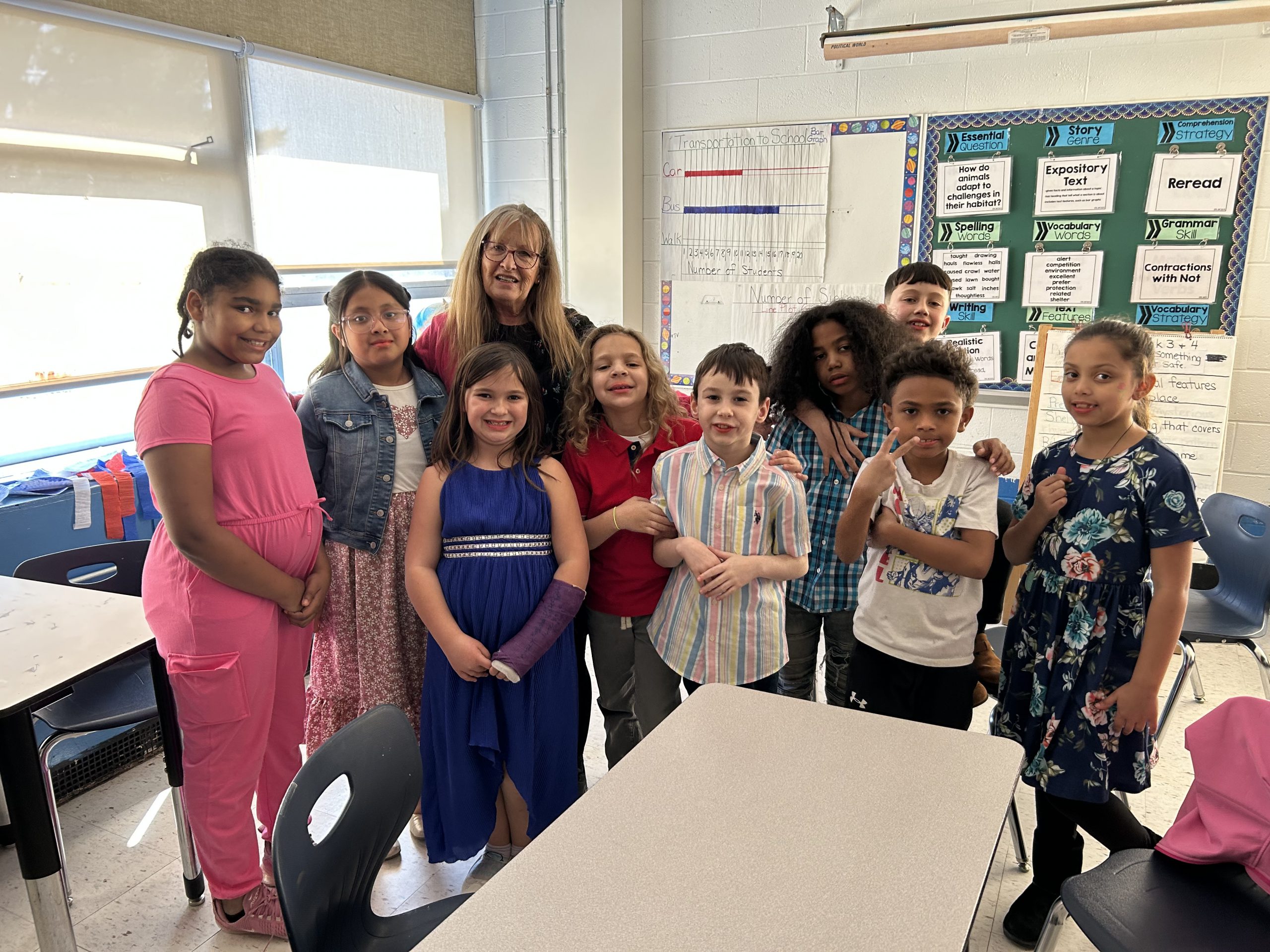 Ms. Snow's class is posing with Ms. Masters