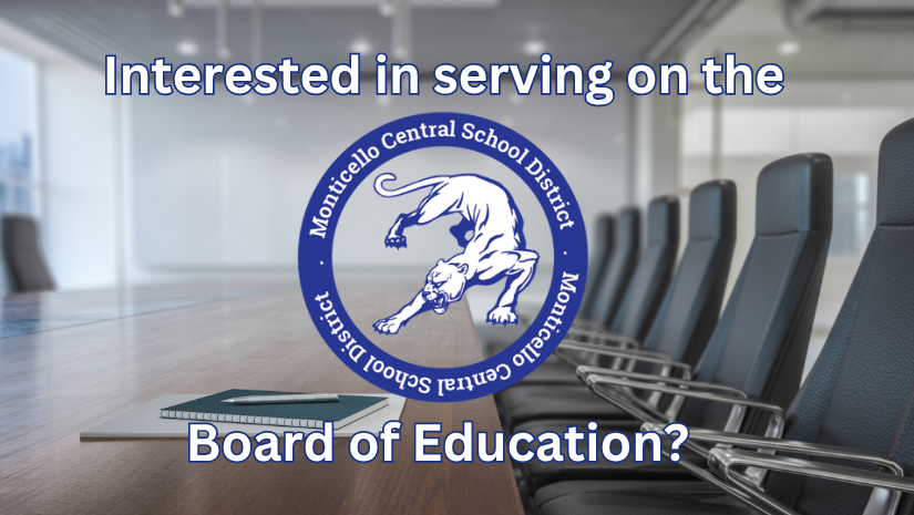Image of board table with Monticello logo. Text reads Interested in serving on the Monticelo Board of Education