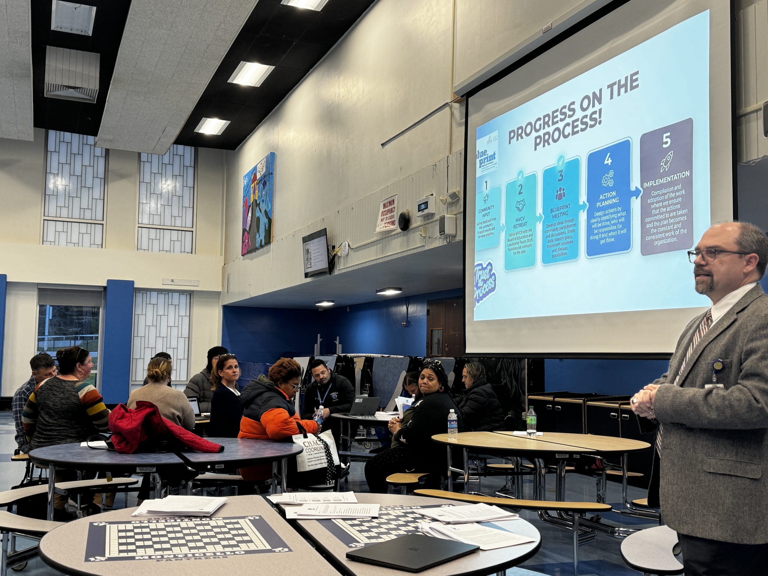 Superintendent Evans address a group of stakeholders at a blueprint planning session